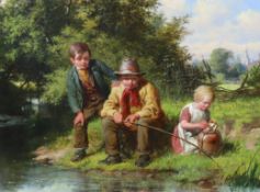 William Bromley (English, 1835-1888) 'Three children fishing'oil on canvassigned45 x 60cm***