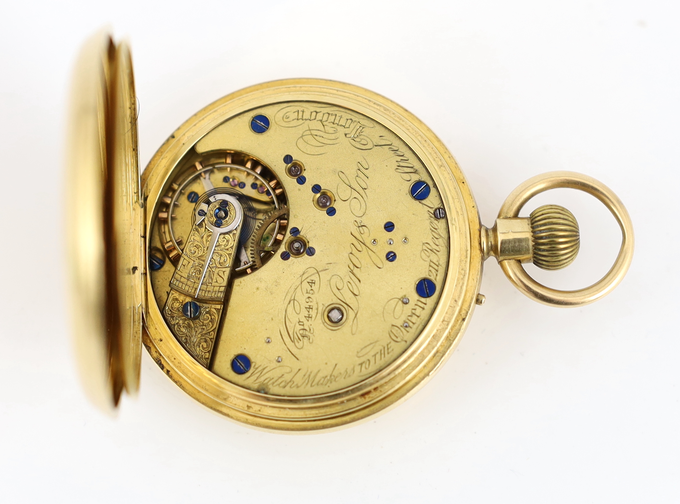 A Victorian 18ct gold keyless half hunter pocket watch by Leroy & Son, with Roman dial and - Image 3 of 4