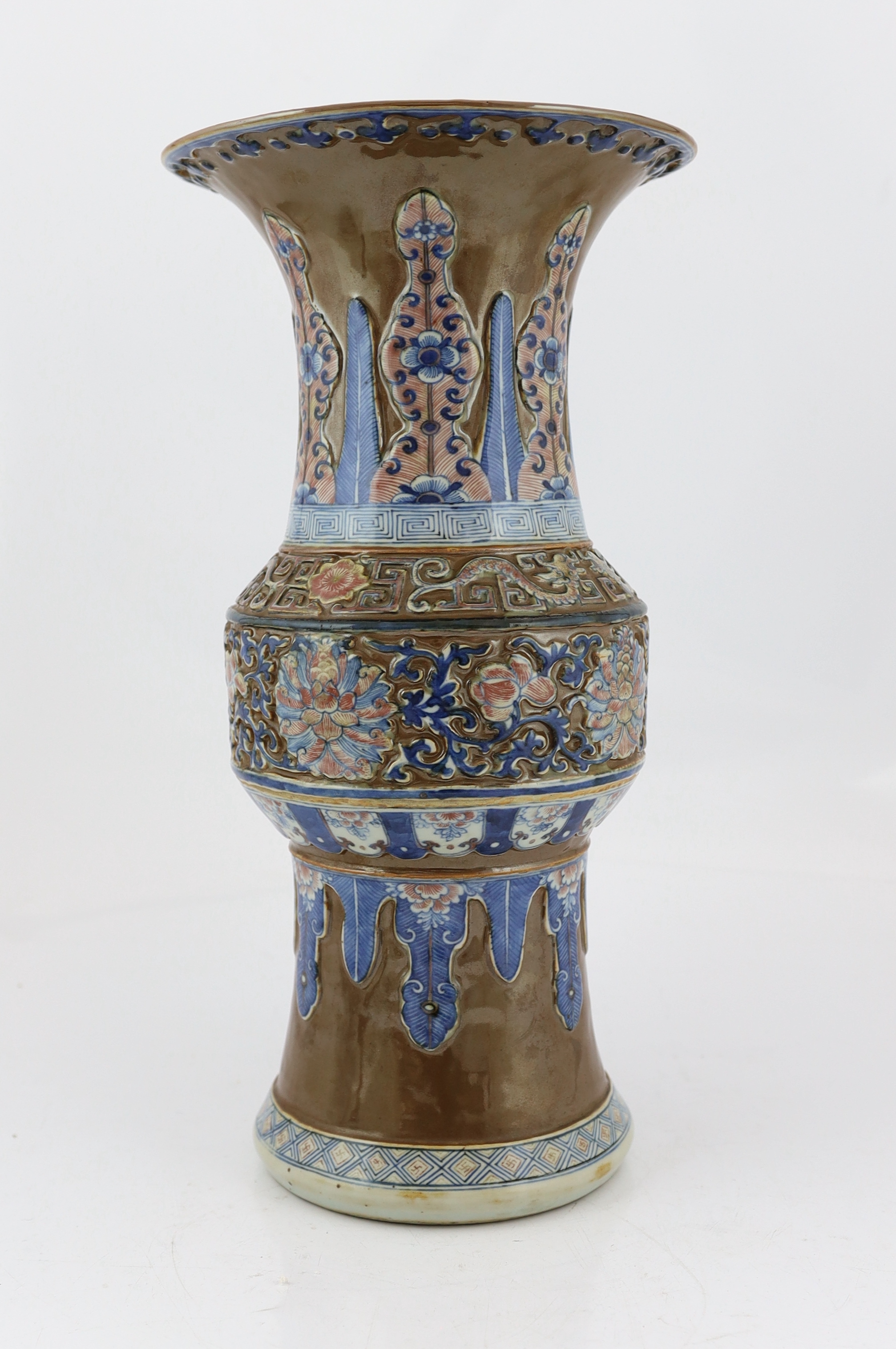 A large Chinese archaistic underglaze blue and copper red vase, zun, late 19th century, decorated - Image 3 of 5