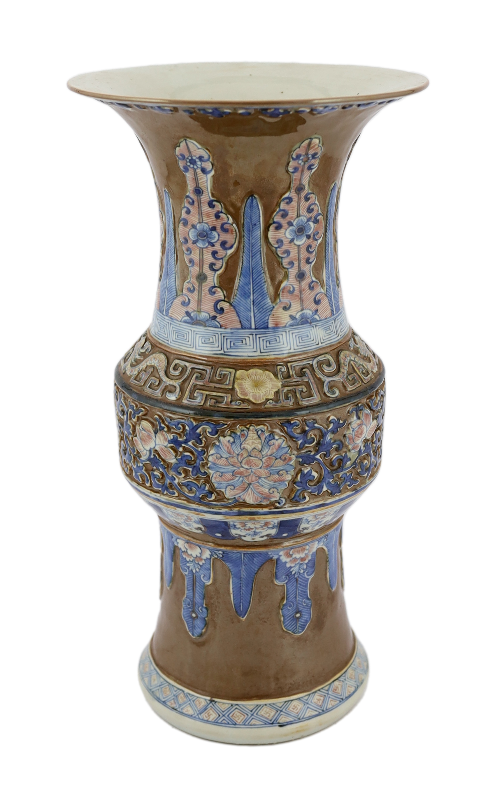 A large Chinese archaistic underglaze blue and copper red vase, zun, late 19th century, decorated