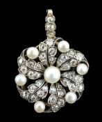 A Victorian gold, button pearl and diamond cluster set pendant, with three stone diamond set bale,