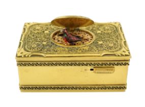 A 20th century gilt brass singing bird box, of rectangular form, with Sunley label to the base,