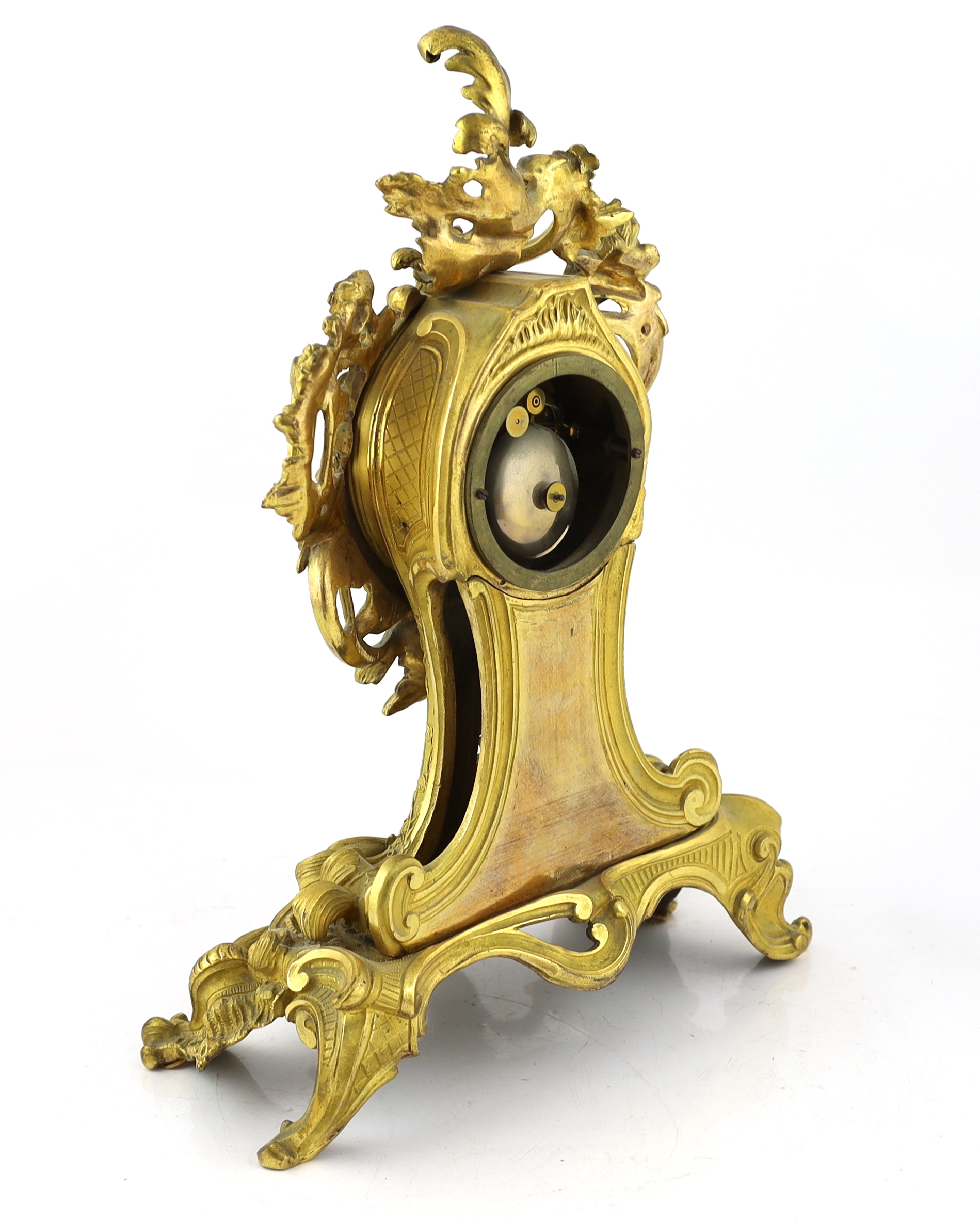 A 19th century French ormolu mantel clock, of asymmetrical scroll form, with enamelled tablet - Image 4 of 5