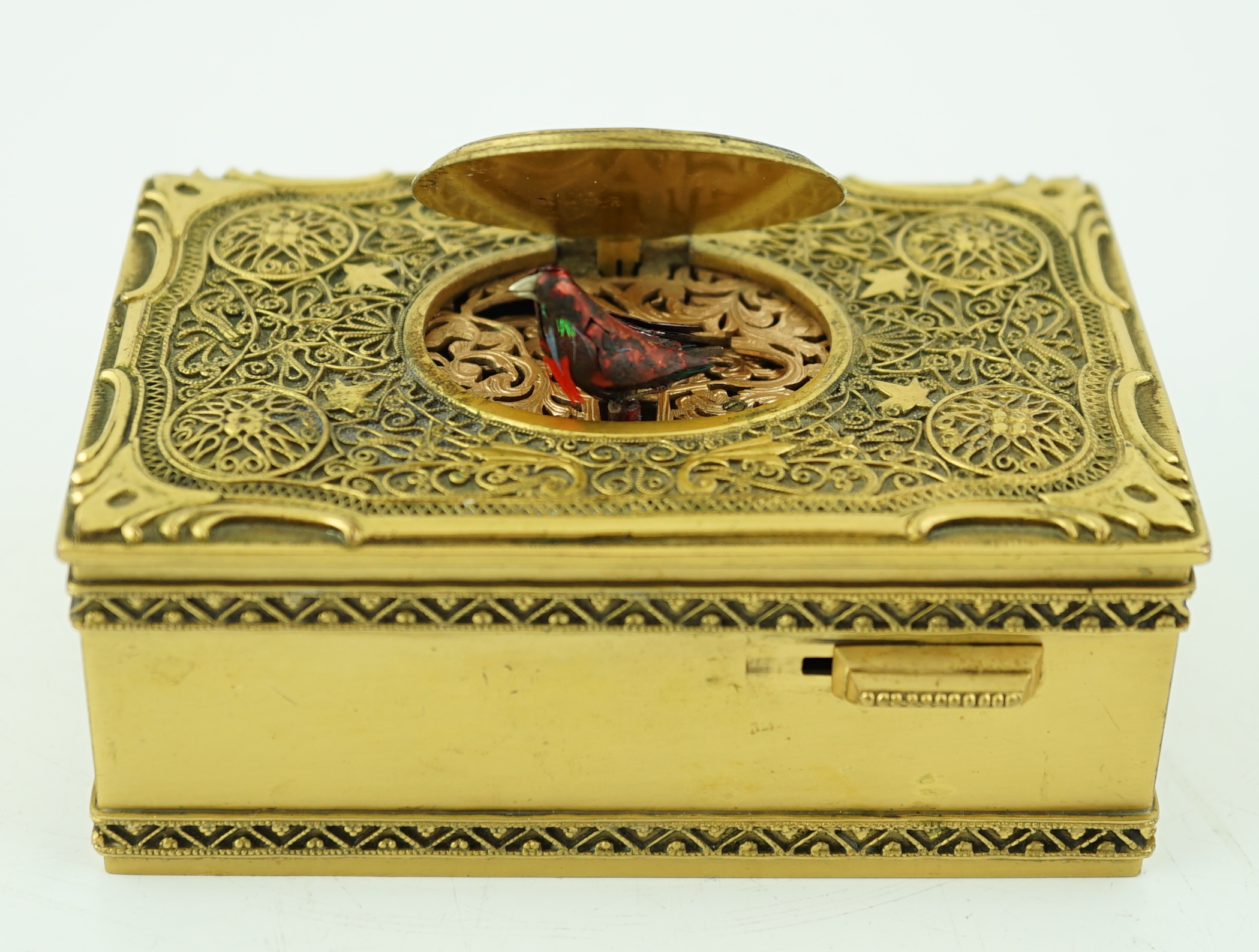 A 20th century gilt brass singing bird box, of rectangular form, with Sunley label to the base, - Image 5 of 9