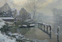 Ernest Gaston Marché (French, 1864-1932) French river landscape in winteroil on canvassigned64 x