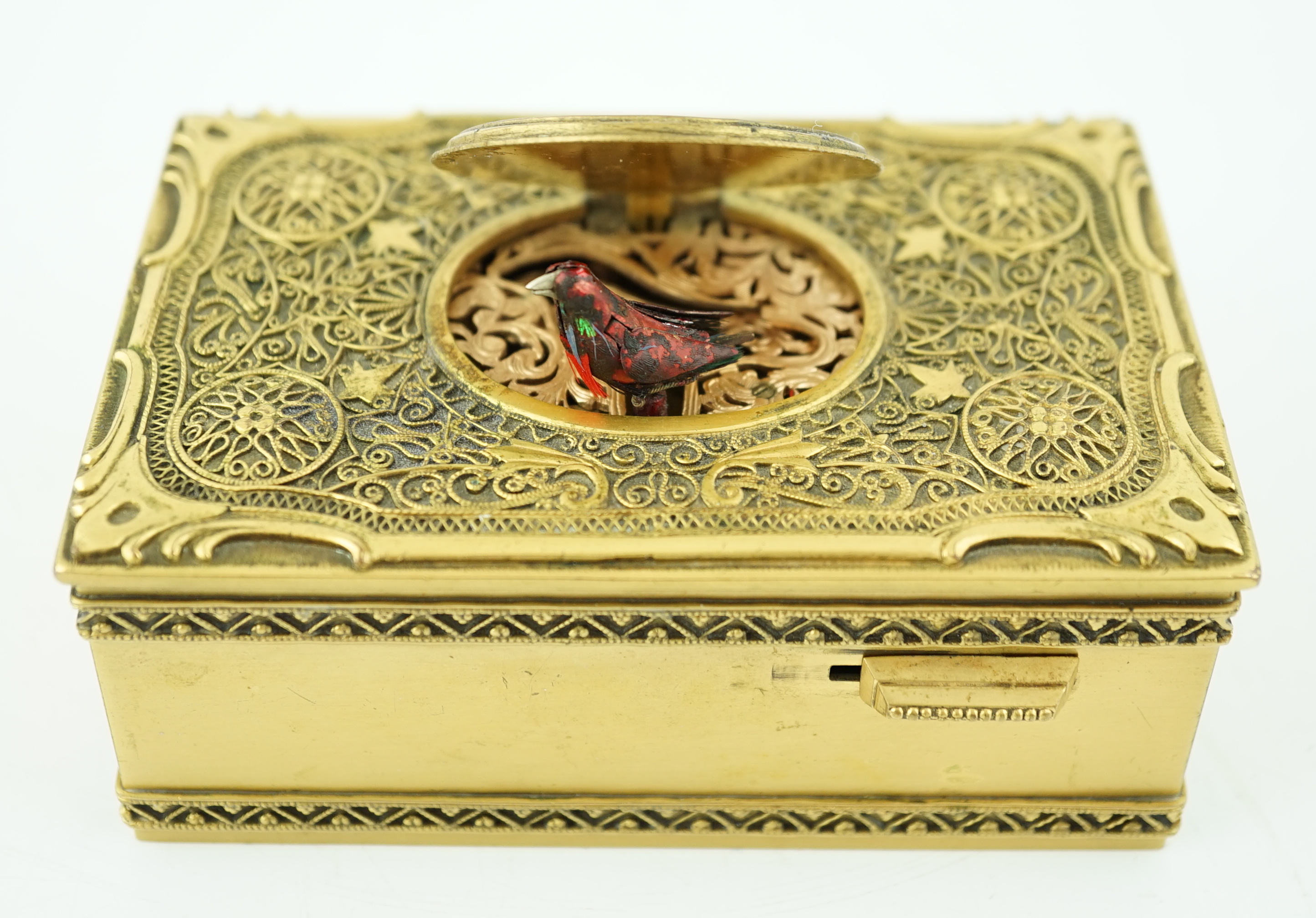 A 20th century gilt brass singing bird box, of rectangular form, with Sunley label to the base, - Image 2 of 9