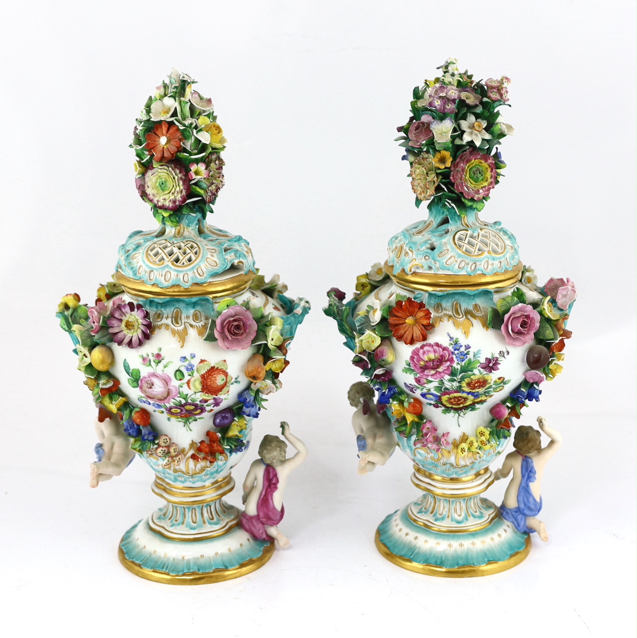 A pair of Meissen topographical flower encrusted vases and covers, 19th century, each painted with - Image 10 of 13