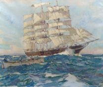 Neville Sotheby Pitcher (British, 1889-1959) Clipper ship at sea with rowing boat alongsideoil on