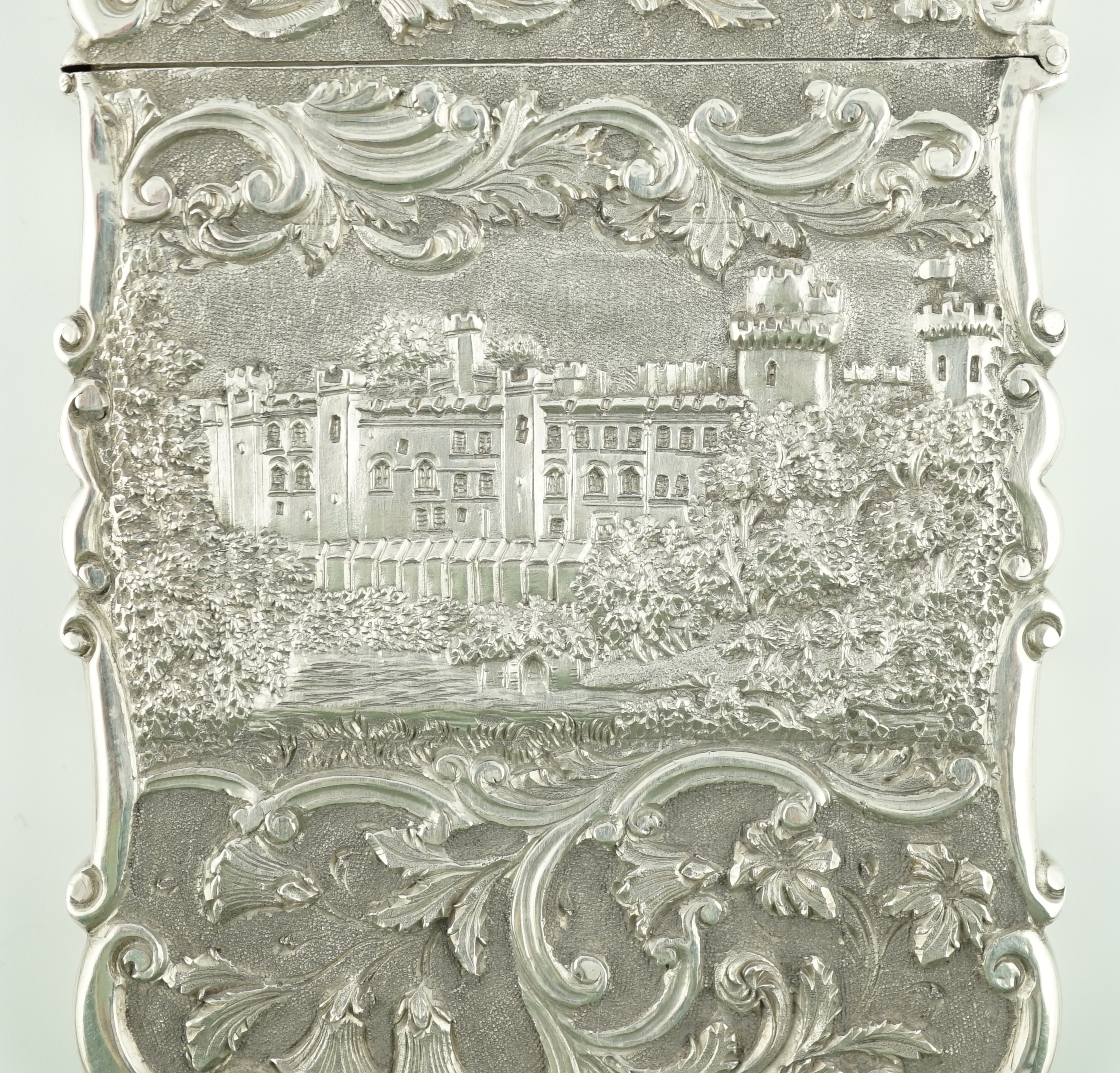 An early Victorian silver 'castle top' card case by Nathaniel Mills, embossed with scenes of Windsor - Image 2 of 7