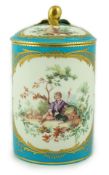 A Sevres bleu-celeste ground tobacco jar and cover (Pot à tabac), date code for 1759, finely painted