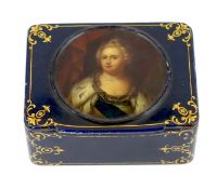 * * A Russian lacquer Catherine II portrait snuff box, by Lukutin, c.1840, painted with a