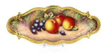 A Royal Worcester fruit painted lozenge shaped dish, by R. Lewis, with gilt gadrooned scrolling