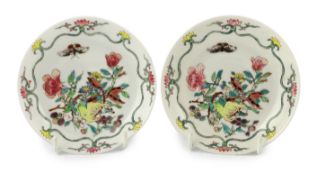 A pair of Chinese famille rose semi-eggshell porcelain saucer dishes, Yongzheng period, each