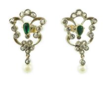 A pair of Edwardian emerald, millegrain set diamond and pearl drop earrings, 24mm, gross weight 3.