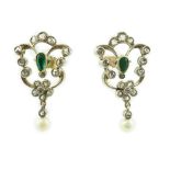 A pair of Edwardian emerald, millegrain set diamond and pearl drop earrings, 24mm, gross weight 3.