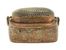 A Chinese embossed copper hand warmer, 17th/18th century, embossed and chased with a continuous