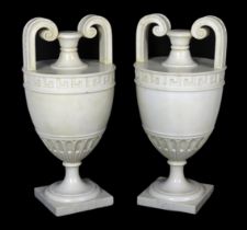 * A pair of Italian neo-classical Carrara marble vases, with scroll handles and Greek key banding,