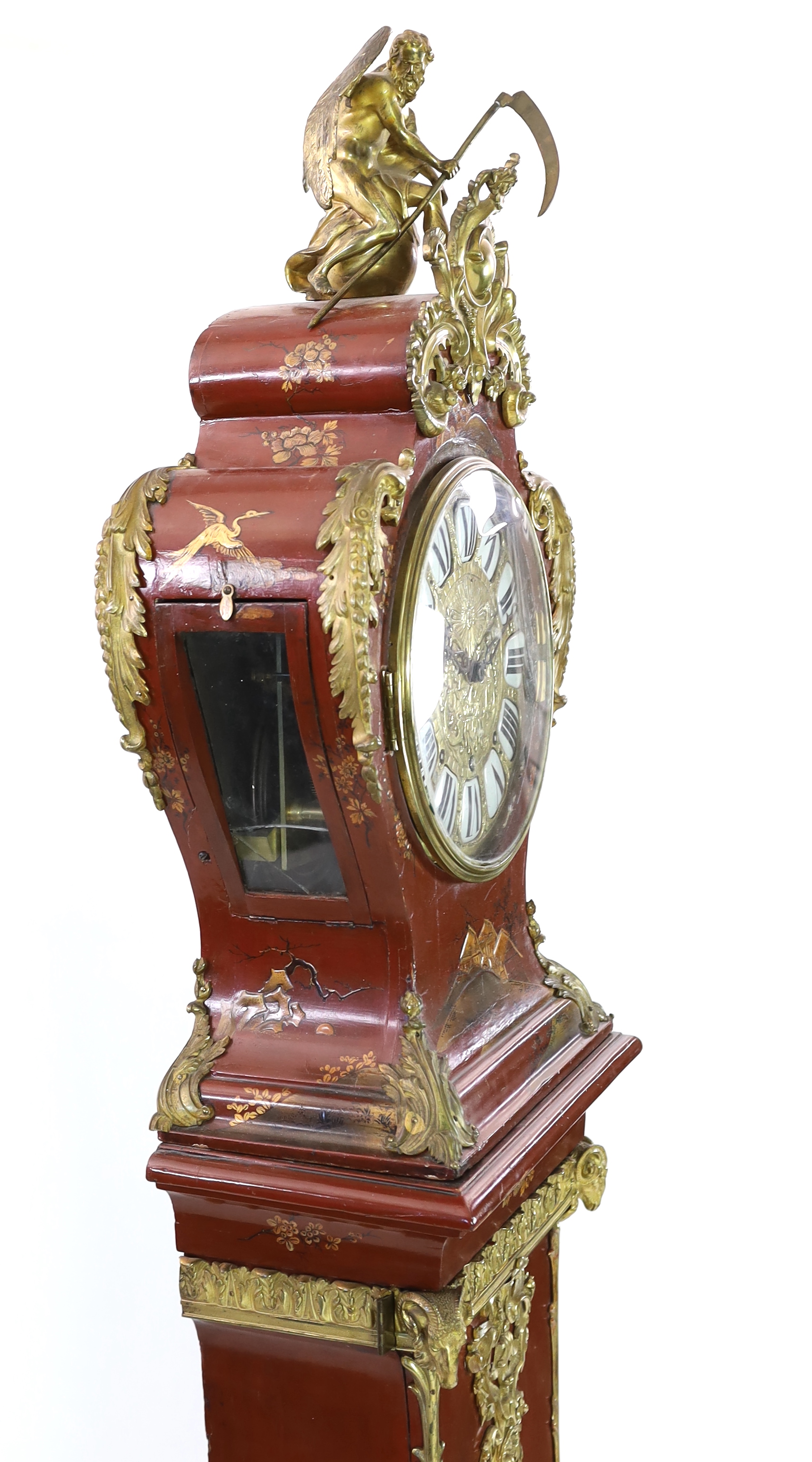 *A Louis XV style ormolu mounted red chinoiserie lacquer longcase clock, fitted with an eight day - Image 5 of 6