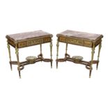 A pair of Louis XVI style ormolu mounted centre tables, each with rouge marble inset top and