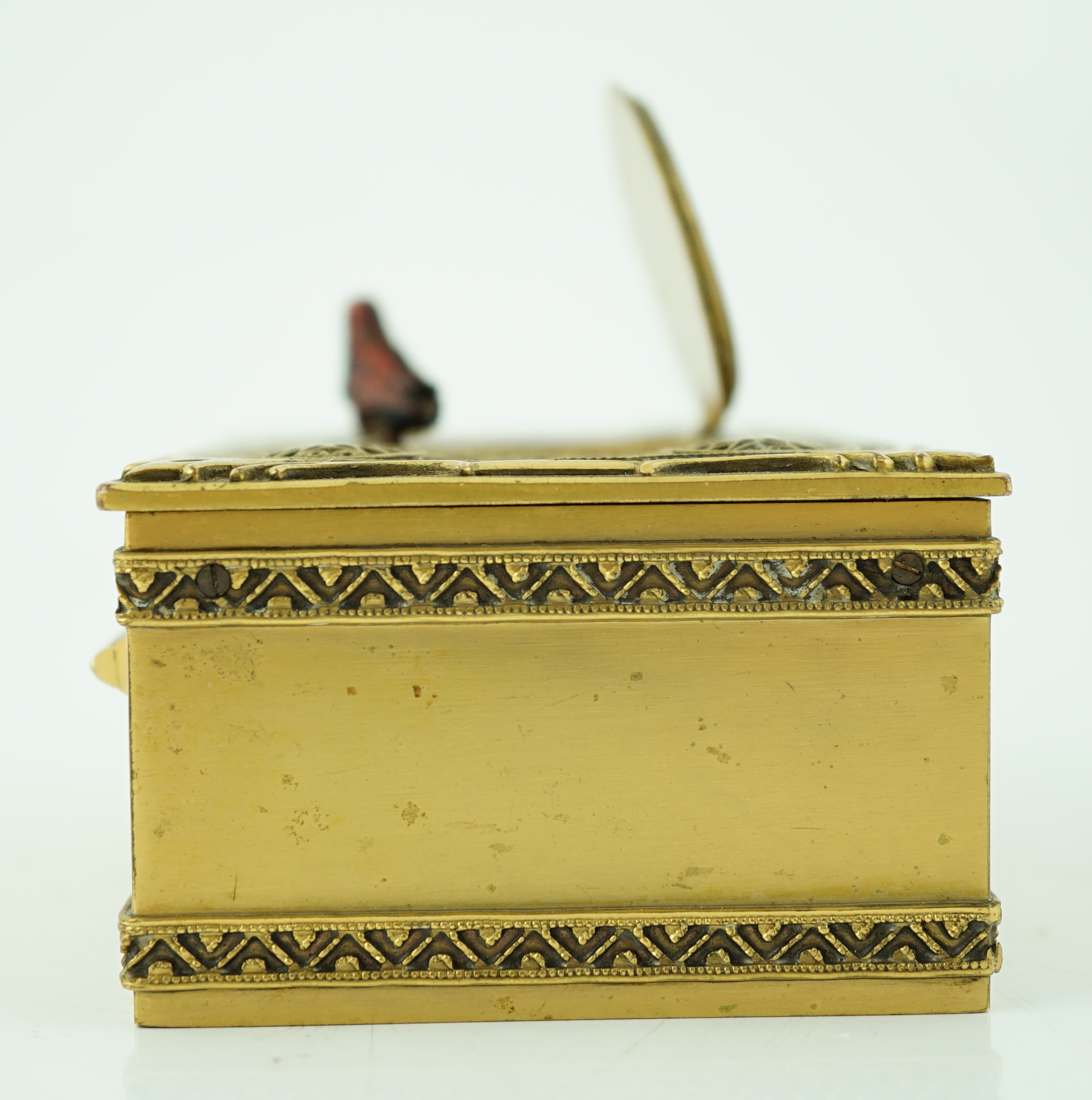 A 20th century gilt brass singing bird box, of rectangular form, with Sunley label to the base, - Image 6 of 9