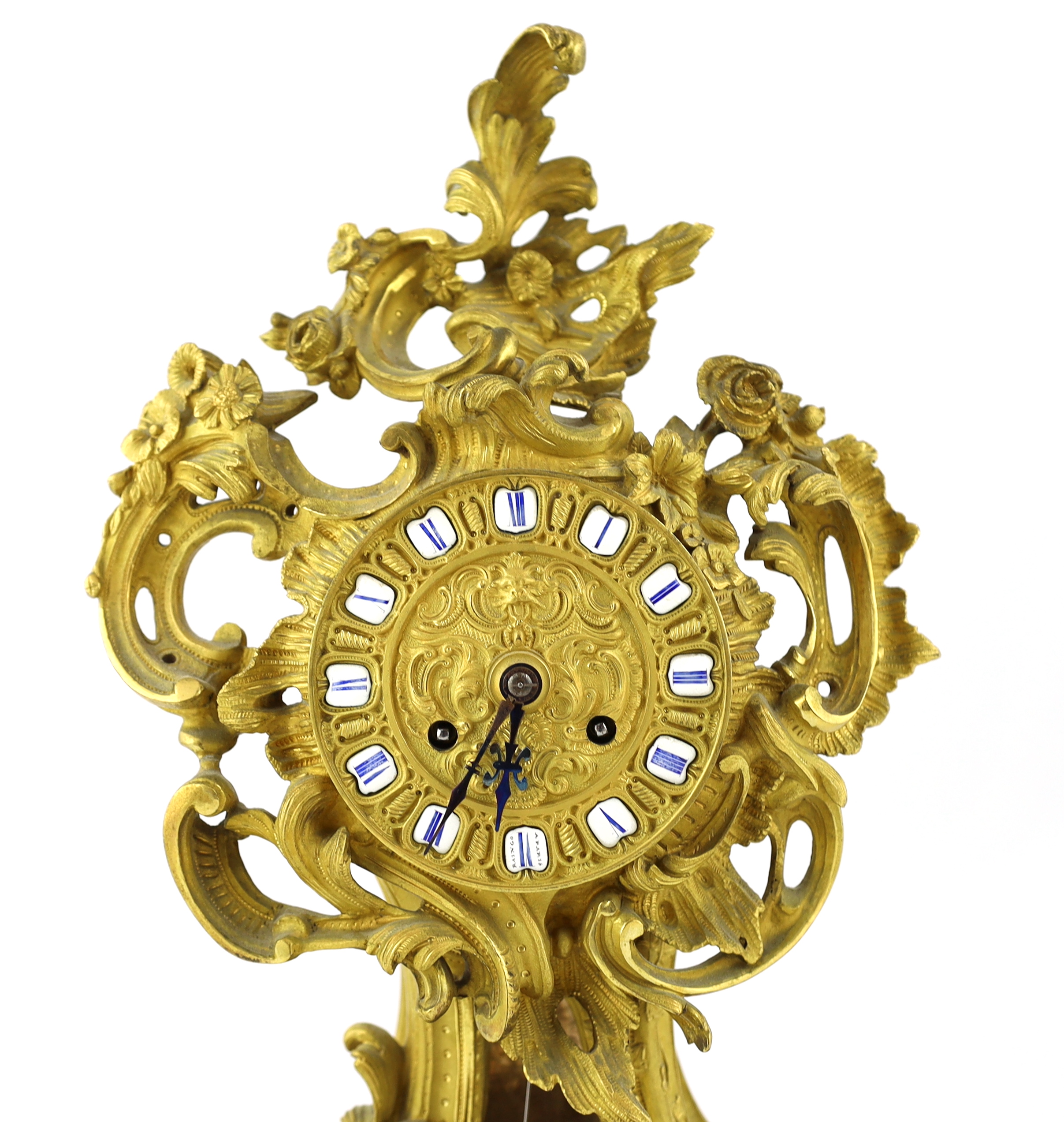 A 19th century French ormolu mantel clock, of asymmetrical scroll form, with enamelled tablet - Image 2 of 5