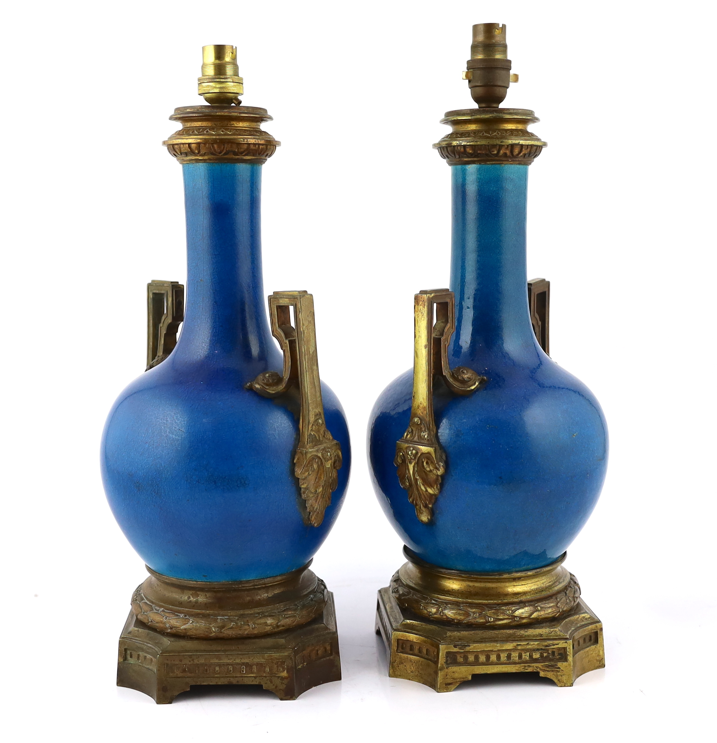 A pair of Chinese or Japanese turquoise-glazed bottle vases with Louis XVI style ormolu lamp mounts, - Image 2 of 4