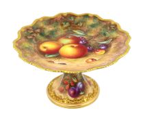 A Royal Worcester fruit painted comport, by H. Ayrton, 1960s, the dish top and stem both painted