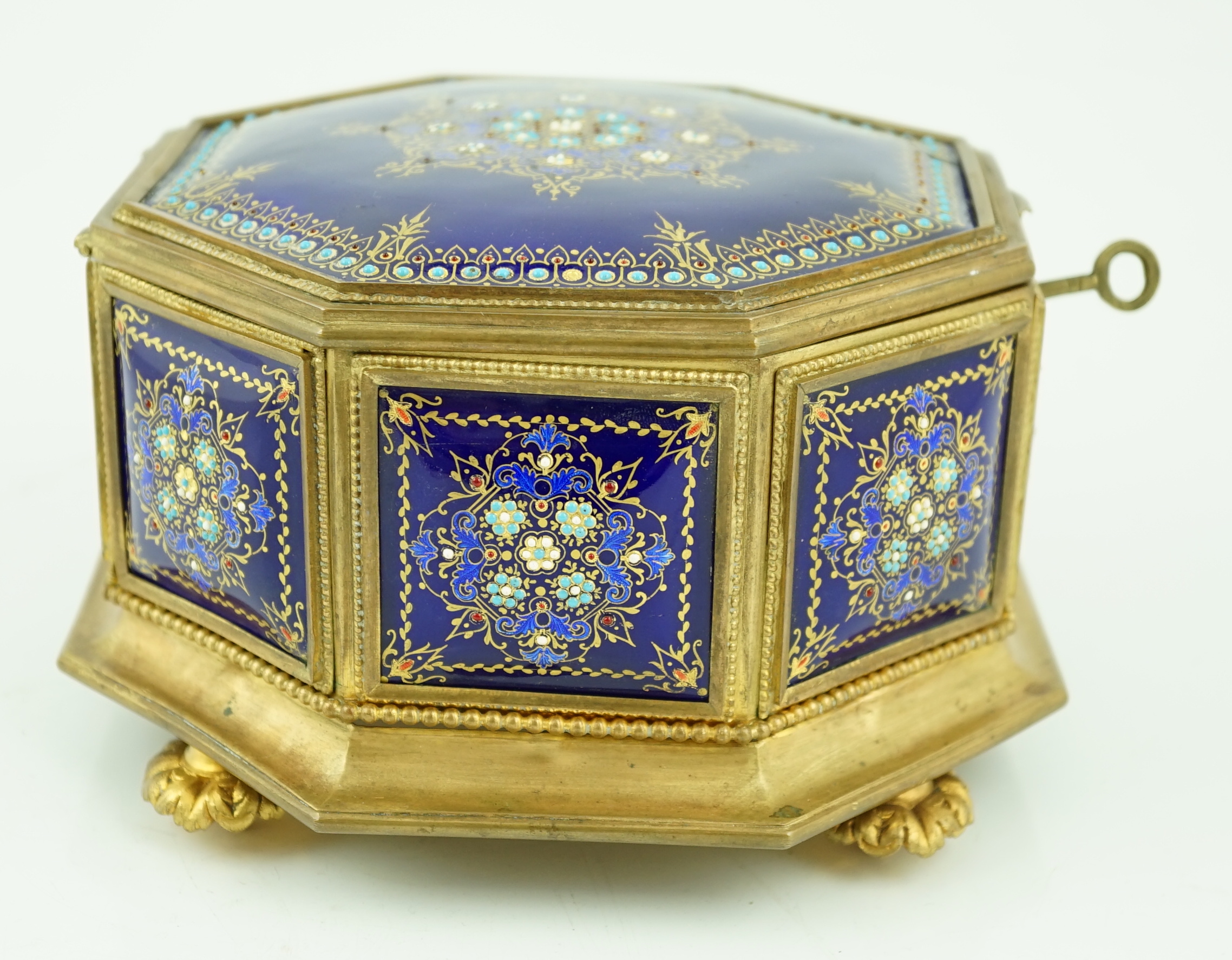 A 19th century French Limoges enamel casket, of octagonal form with jewelled floral decoration and - Image 5 of 7