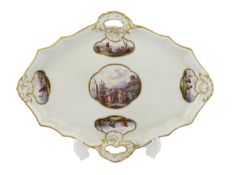 A Meissen porcelain lozenge shaped tray, 19th century, painted with figures in seascapes, ozier