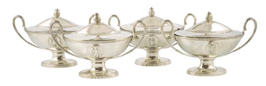A good set of four George III silver oval pedestal sauce tureen's and covers, with applied panels of