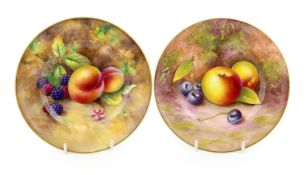Two Royal Worcester fruit painted tea plates, mid 20th century, by B. Cox and L. Maybury, black