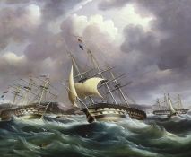 B. Spencer (19th C.) Frigates in heavy seasoil on canvassigned50 x 60cm***CONDITION REPORT***Oil