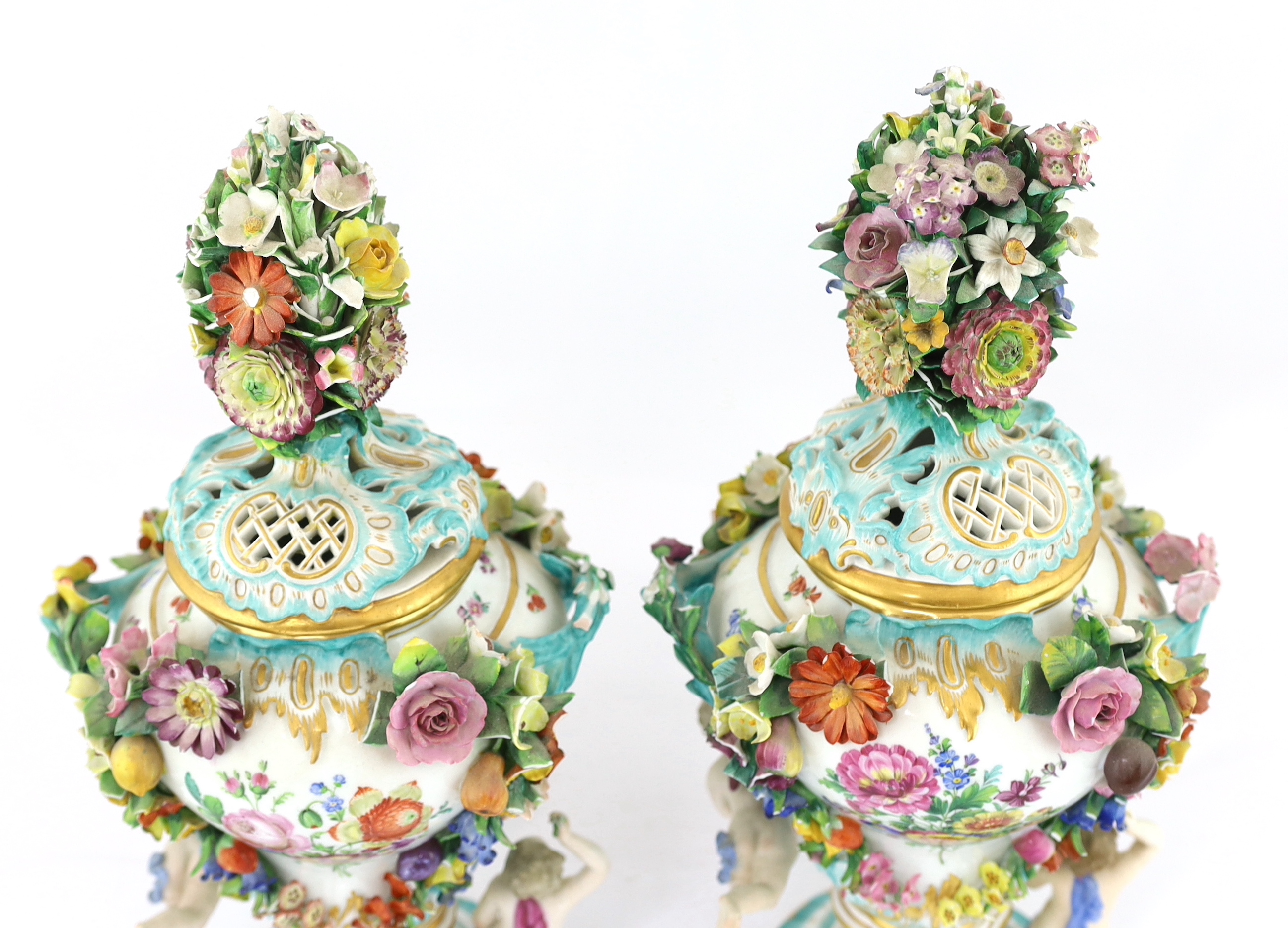 A pair of Meissen topographical flower encrusted vases and covers, 19th century, each painted with - Image 11 of 13