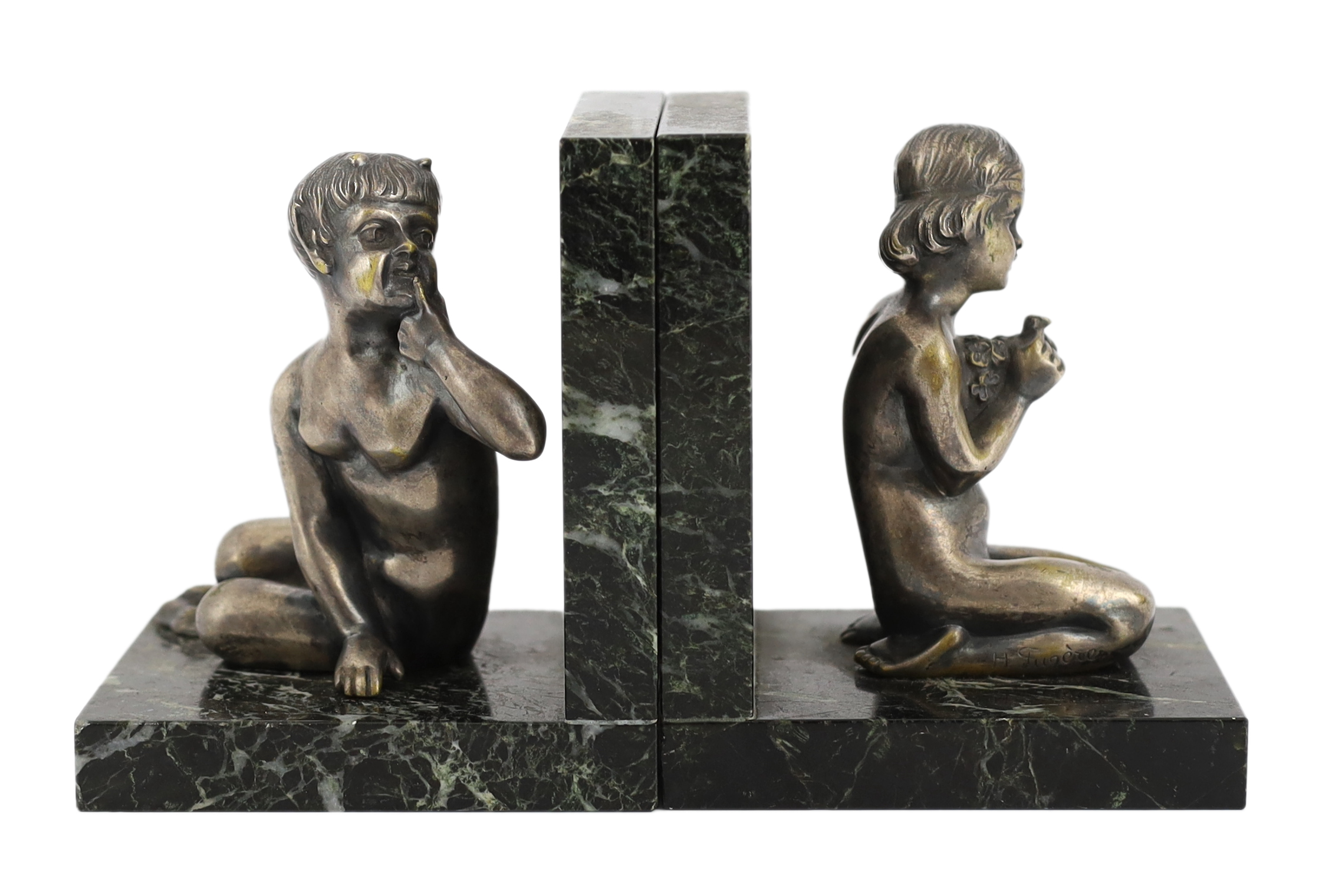 Henri Fugère, a pair of silvered bronze and marble bookends modelled as a kneeling faun and girl