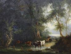 Constant Troyon (French, 1810-1865) Cattle drover in a wooded landscapeoil on canvas34 x 45cm***