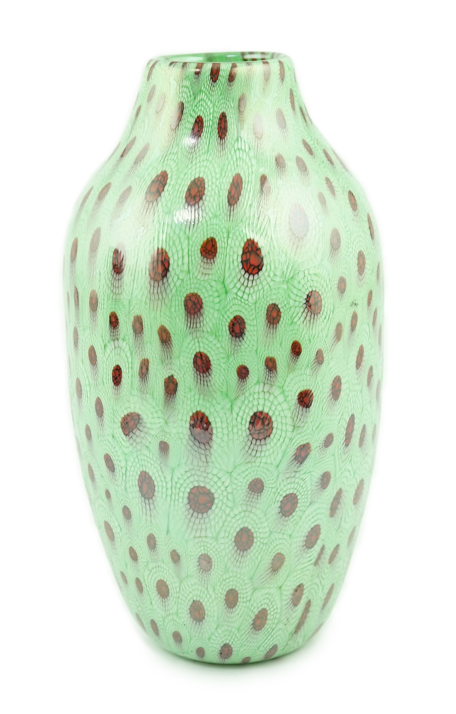 ** Vittorio Ferro (1932-2012), a Murano glass Murrine vase, the jade ground with a red peacock