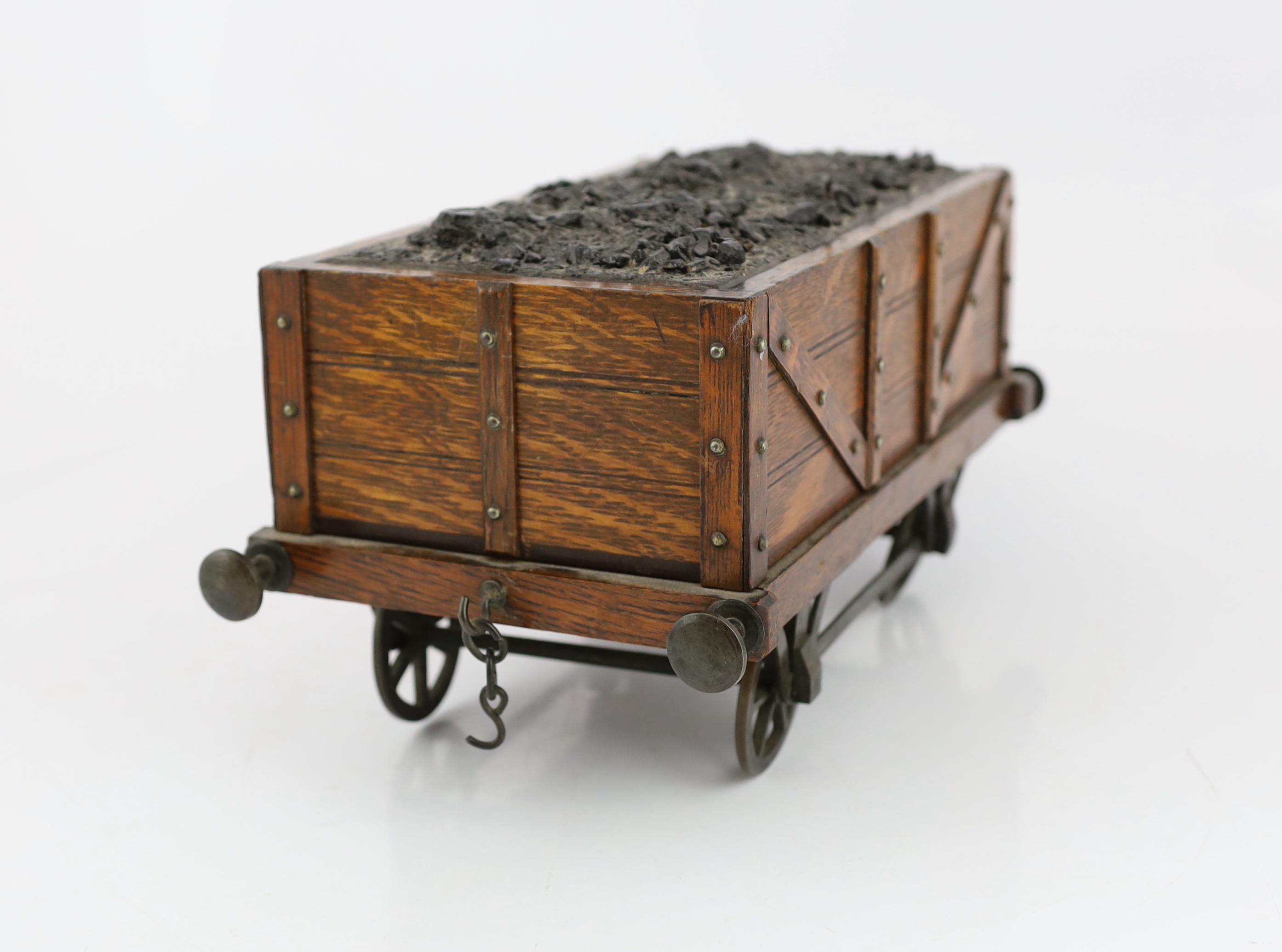 An Edwardian novelty oak smoker's compendium modelled as a railway tender, with simulated coal - Image 4 of 6