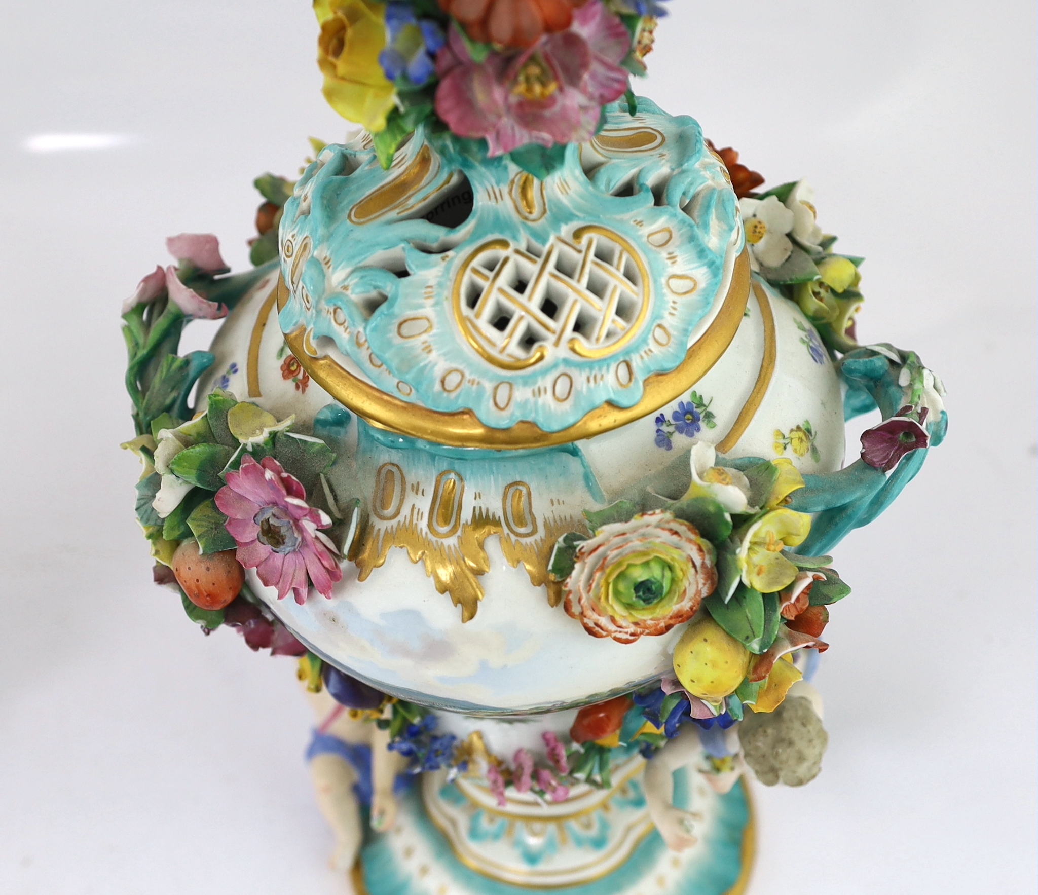 A pair of Meissen topographical flower encrusted vases and covers, 19th century, each painted with - Image 7 of 13