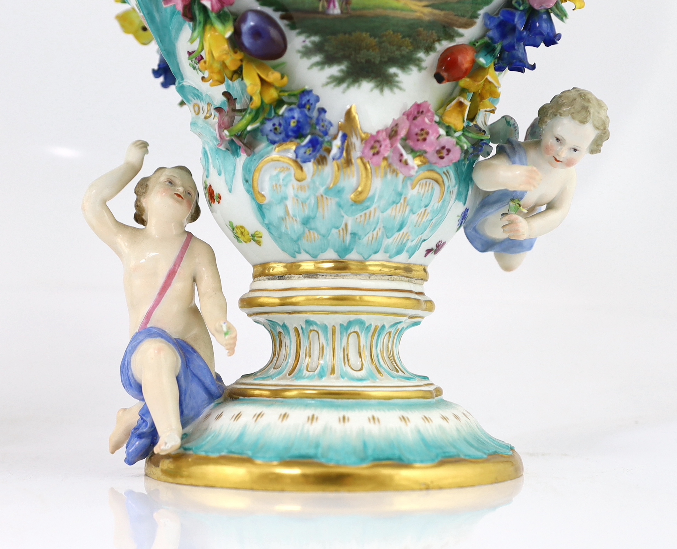 A pair of Meissen topographical flower encrusted vases and covers, 19th century, each painted with - Image 9 of 13