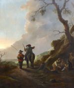 * Circle of Jan Wouwerman (Dutch, 1629-1666) Country lane with figures playing cards and two