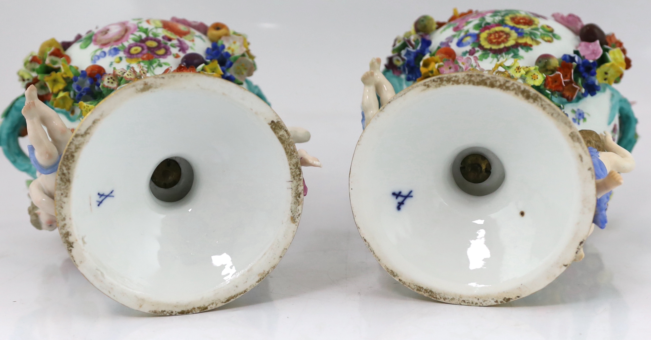 A pair of Meissen topographical flower encrusted vases and covers, 19th century, each painted with - Image 13 of 13
