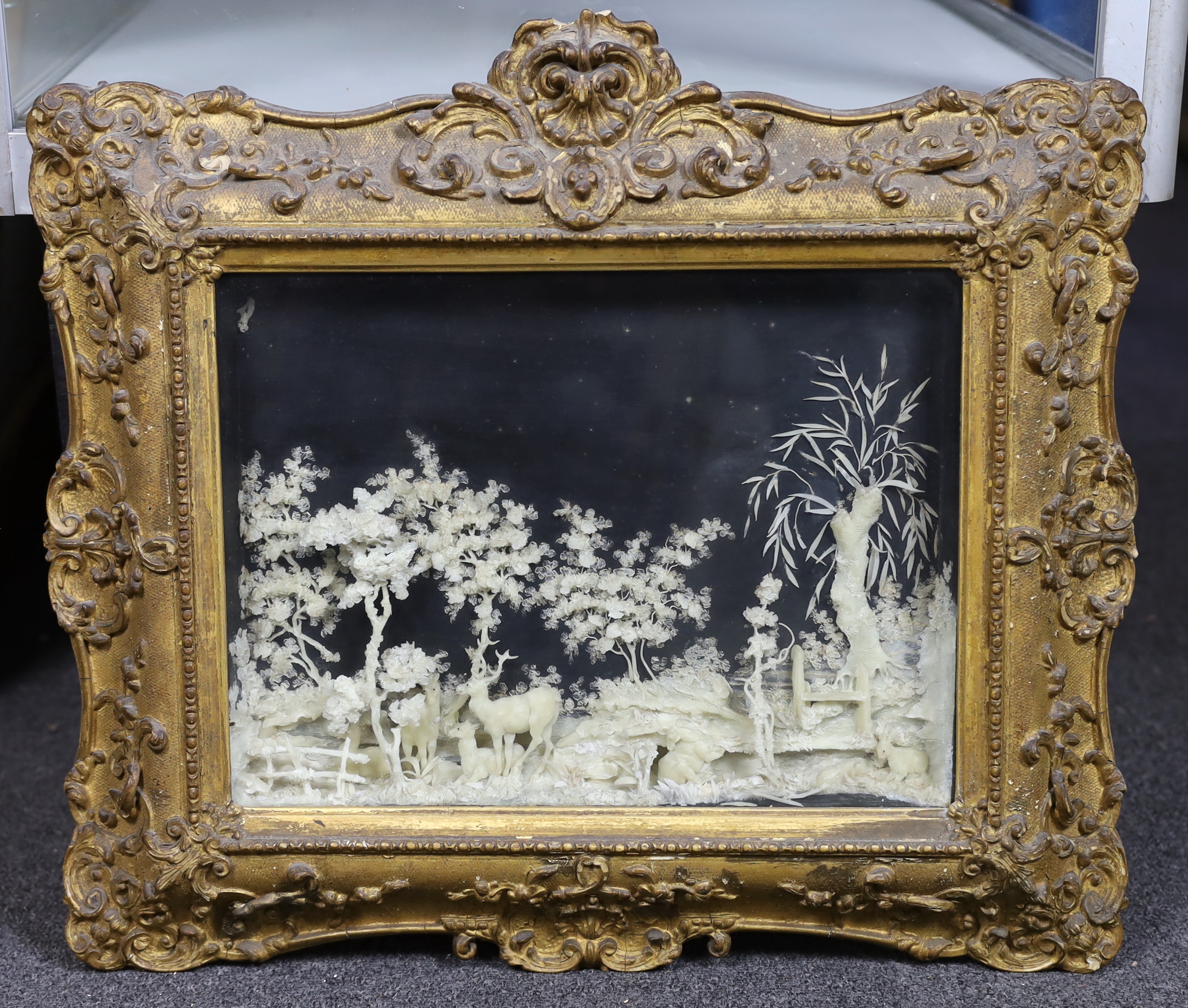 A rare pair of mid 19th century carved wax pictures, depicting sportsman and dogs in a wetland - Image 3 of 8