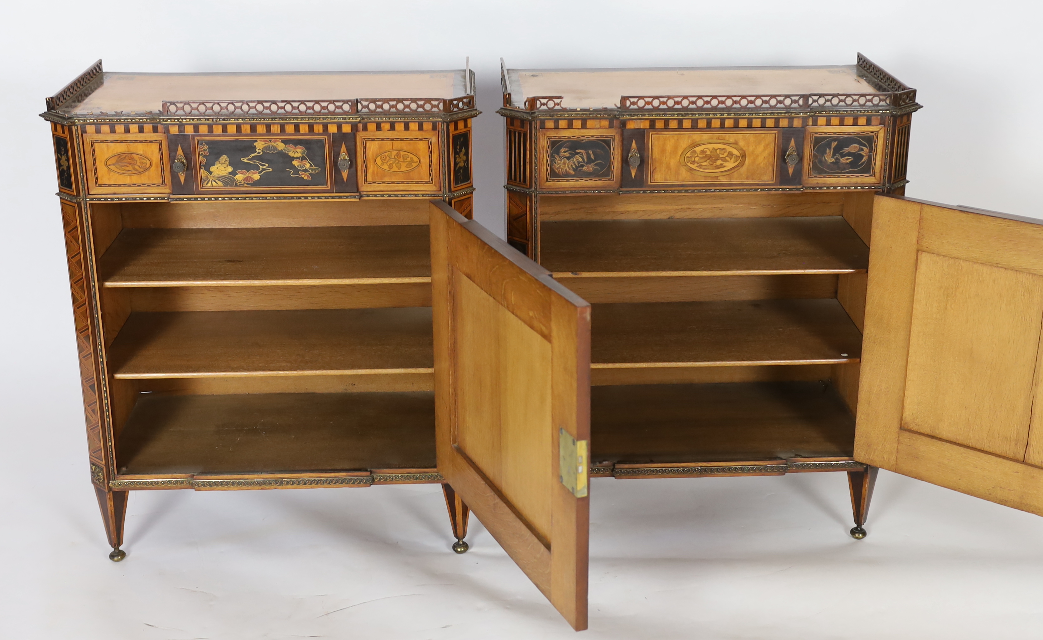 A pair of French Transitional style satinwood and marquetry side cabinets, each with fretwork - Image 6 of 6