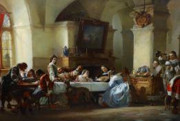 Carl Wilhelm Bernhard Mohrhagen (German, 1813-1877) Interior with figures relaxing around a tableoil