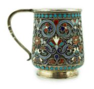 A late 19th century Russian 84 zolotnik silver and cloisonné enamelled handled tot, master Gustav