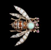 A late Victorian gold and silver, white opal, ruby and citrine? cluster set bug brooch, 27mm,