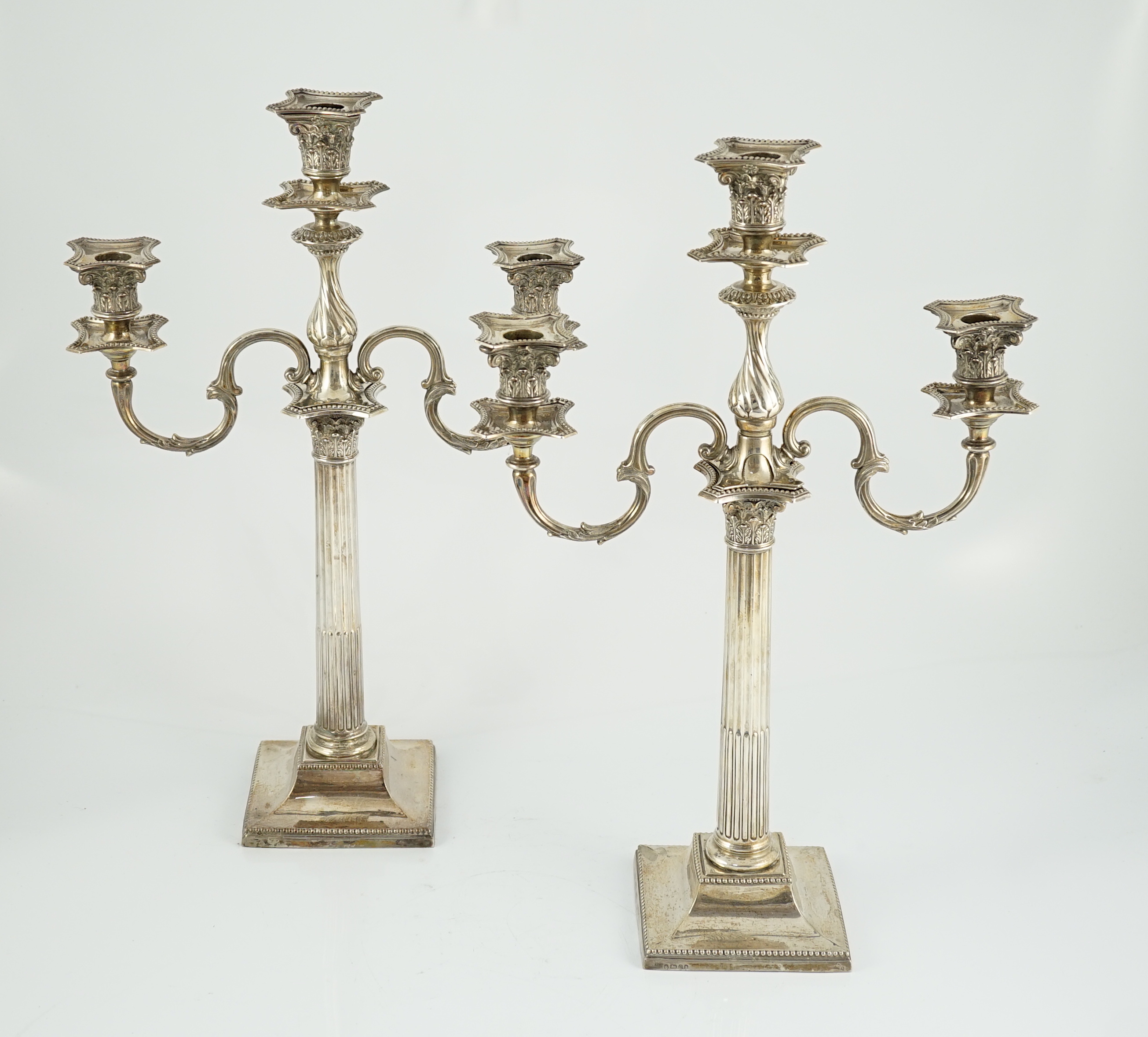 A matched pair of late 19th/early 20th century silver two branch, three light candelabrum, with - Image 2 of 6