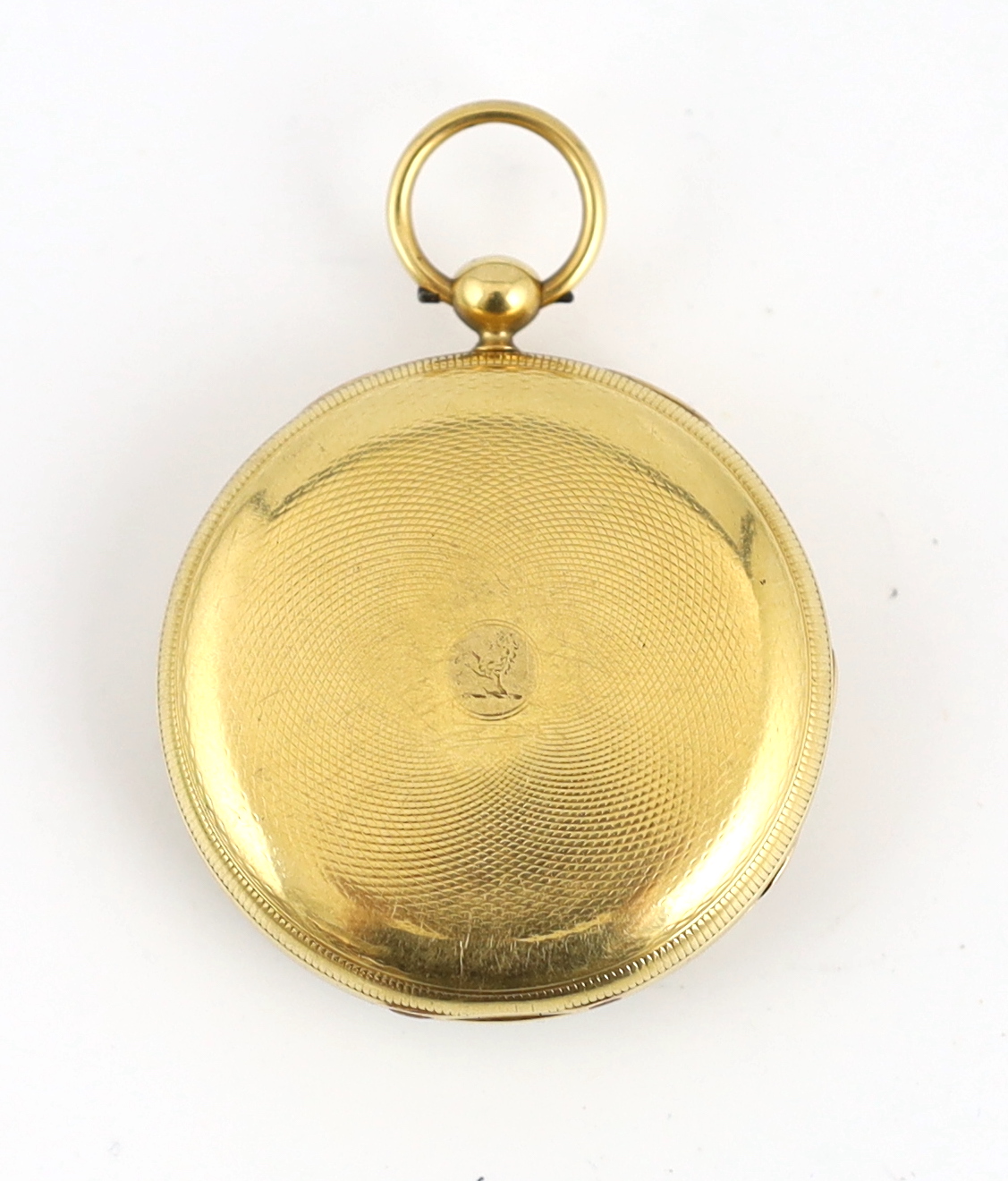 A Victorian engine turned 18ct gold open faced key wind pocket watch, by Grant of London, with Roman - Image 2 of 3