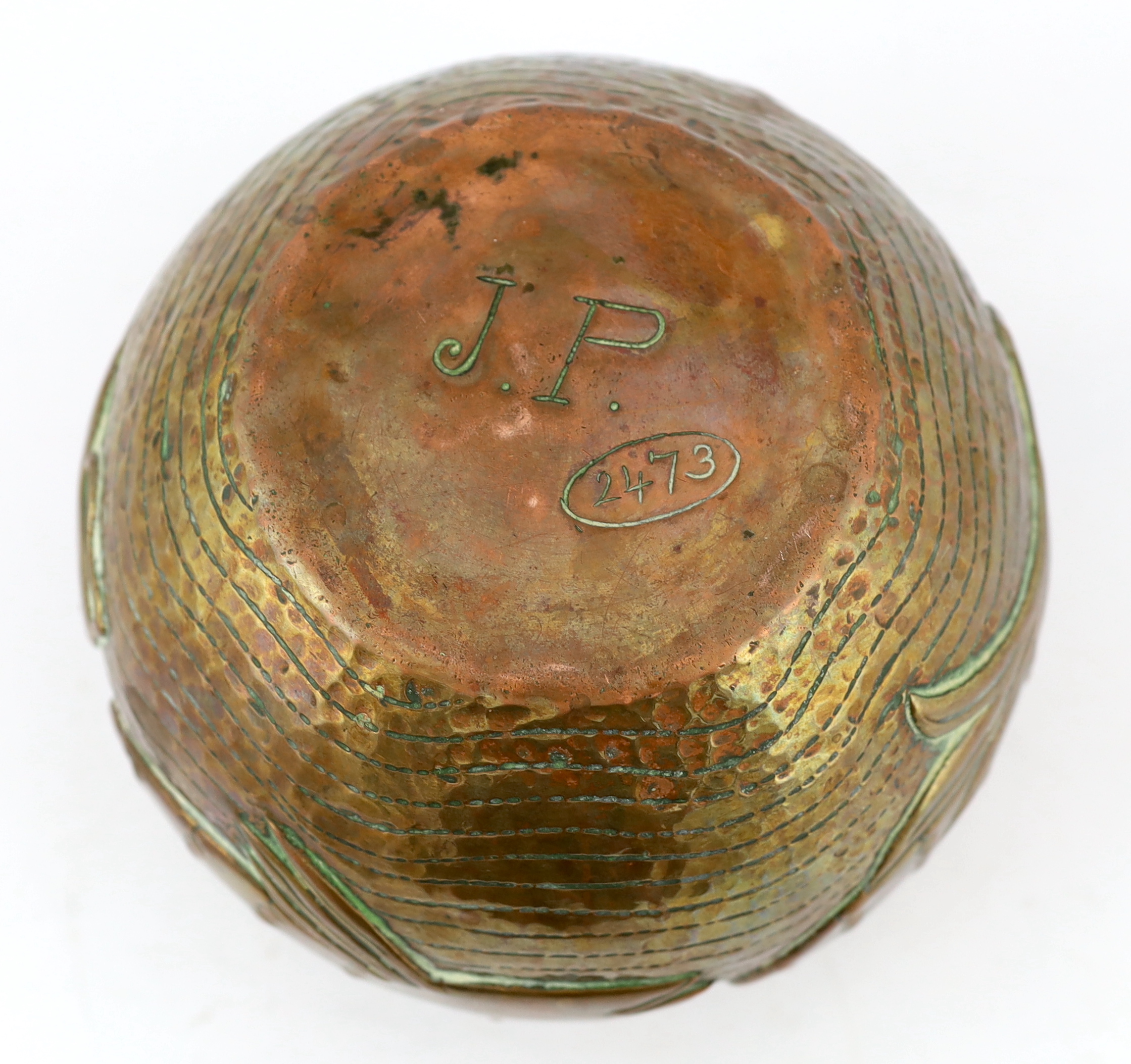 John Pearson of Newlyn, an Arts & Crafts planished copper vase, decorated with four stylised - Image 4 of 4