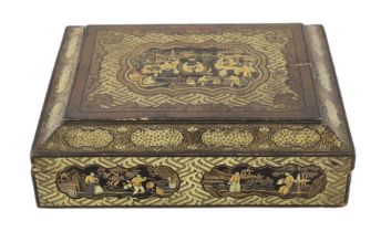 A Chinese gilt-decorated black lacquer games box, mid 19th century, the cover and side panels